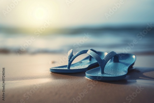 Summer blue flipflops on beach. Sea vacation thongs on seashore sand. Generate ai