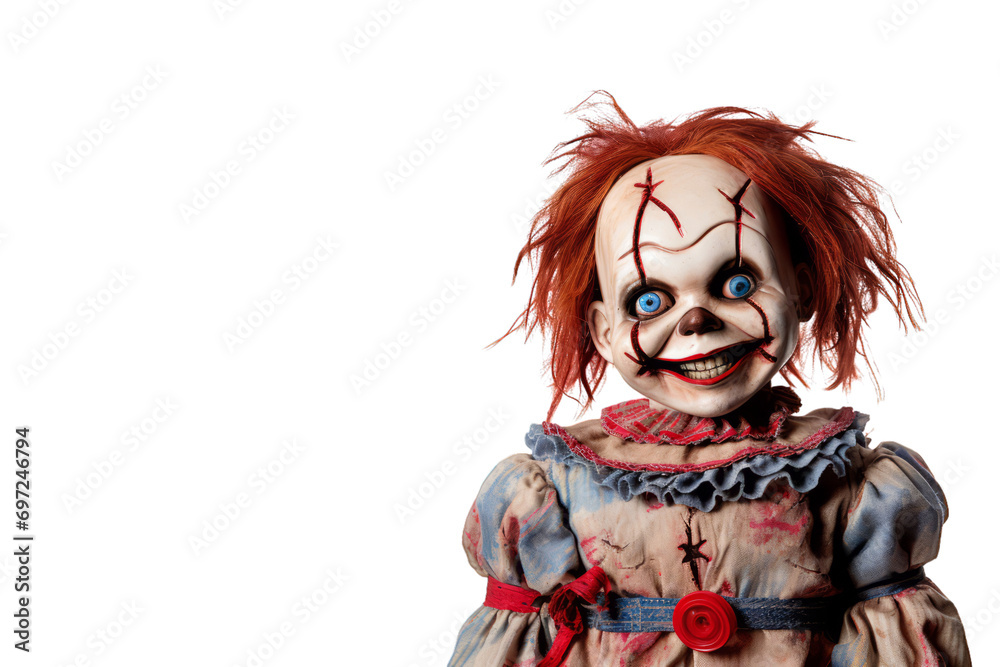 A tattered doll with a macabre atmosphere isolated on a white background