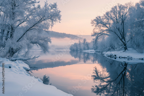 elegance of a snowy morning sunrise, capturing the soft hues and beauty of the landscape in a cinematic photo. © forenna