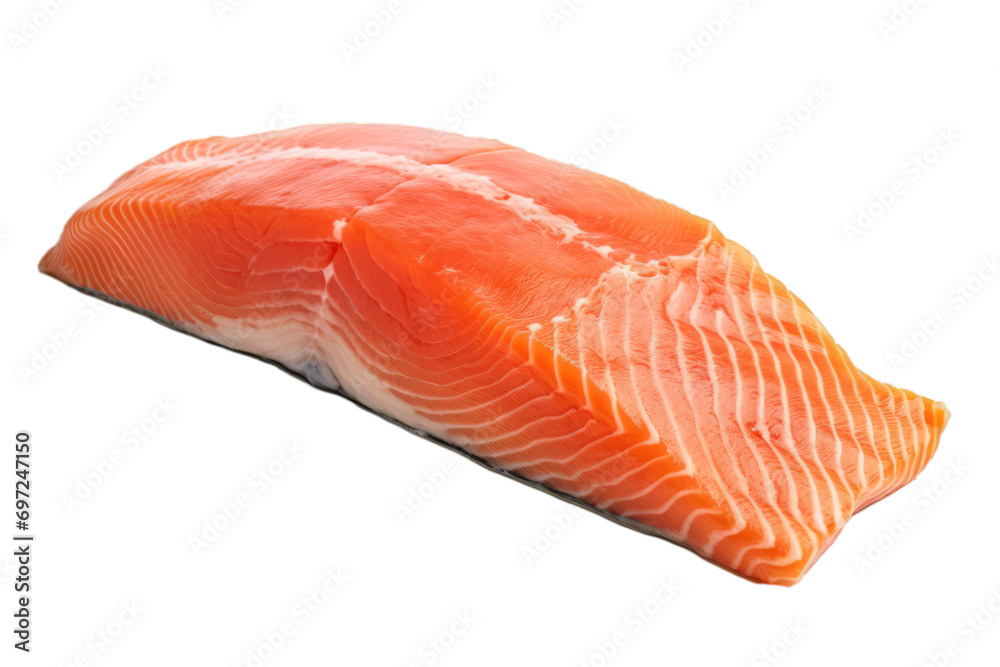 A piece of salmon standing on a white background A piece of salmon standing on a white background
