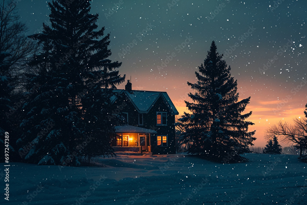 Fototapeta premium silhouette of trees, houses, or people against a snowy backdrop during the early morning, creating a cinematic photo.
