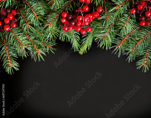 Rami di pino verde con bacche rosse sul lato superiore con sfondo nero con spazio per testo, sfondo natalizio photo