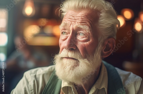Vibrant elderly white haired man sarcastic look. Ironic perplexed bearded senior male. Generate ai photo