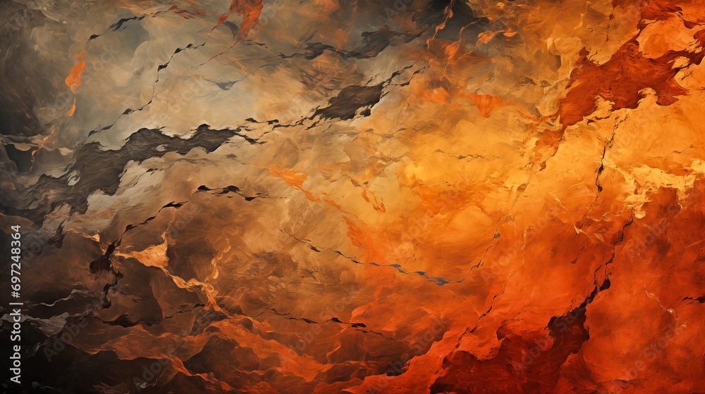 an abstract painting in orange, black, and white colored, in the style of atmospheric clouds