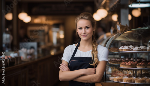 beautiful young woman standing in front of the bakery and pastry section photo