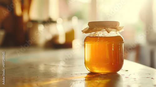 Natural floral golden honey in glass jar on table in light colored kitchen. Background with copy space for bee farm for production of homemade healthy honey. photo