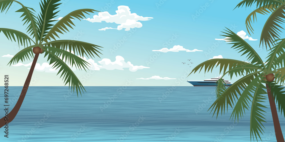 Tropical blue sea with yacht at the horizon have coconut tree foreground vector illustration. Seascape concept flat design.