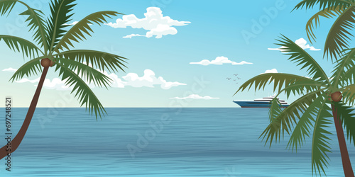 Tropical blue sea with yacht at the horizon have coconut tree foreground vector illustration. Seascape concept flat design. © Wasitt