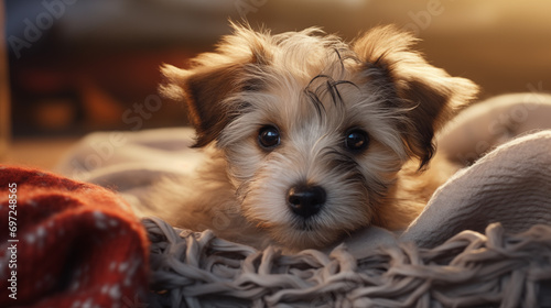 Cute brown terrier puppy lying on a knitted blanket, warm light