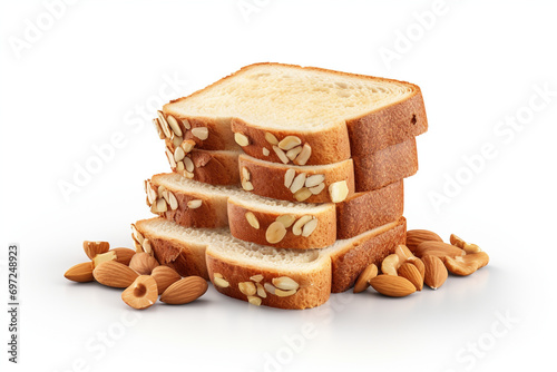stack of bread slices with nuts isolated on white