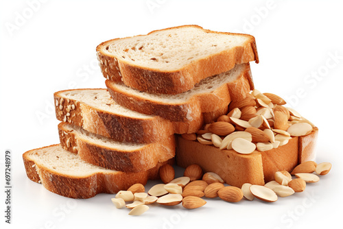 stack of bread slices with nuts isolated on white photo