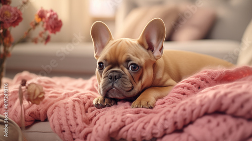 Cute red French bulldog puppy lying on a pink cozy blanket, in the bedroom, warm light © Natasha 