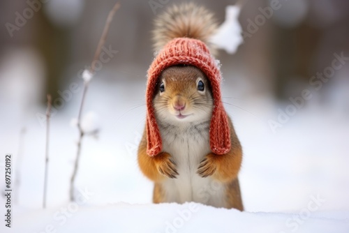 Generative AI image of cute squirrel with hat and sweater standing in snow