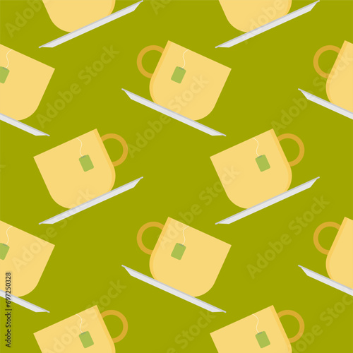 cup of tea seamless pattern vector illustration. tea cup engraving seamless pattern on light background. Vintage hand drawn bages set. Illustration for menu, ads