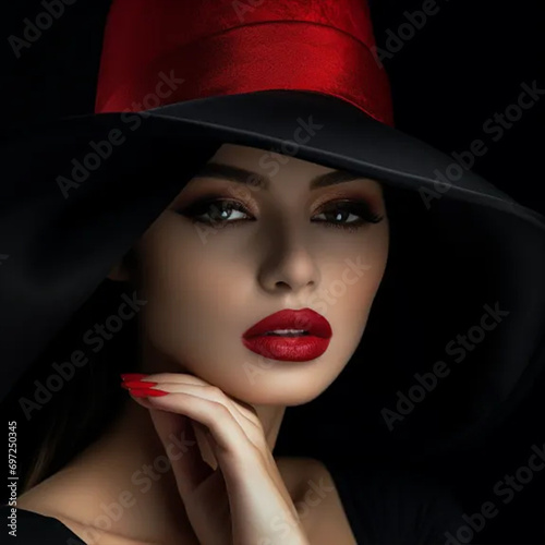 Beautiful woman with luxury lips makeup holding red lipstick. Model hides her face under wide hat  posing on black background. Close up studio beauty portrait. Copy  empty space for text ai technology © Naz