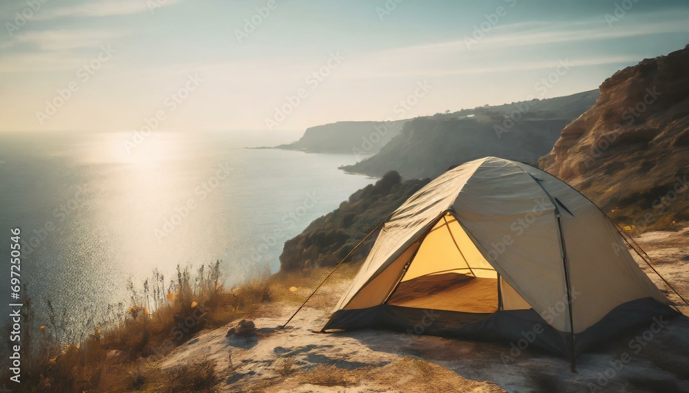 Amazing spot for a camp night: Tent near cliff at the sea. Adventure and travel explorer concept