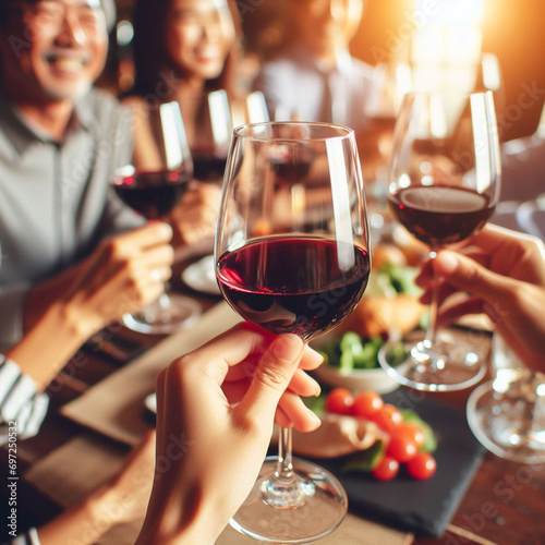 Group of people toasting with red wine in restaurant, close up, celebrating