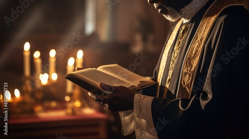 In Christian Church: Close Up of The Bible, Gospel of Jesus. Minister Leads The Congregation In Prayer and Reads From The Holy Book, Priest Providing Guidance, Belief, Hope to People.