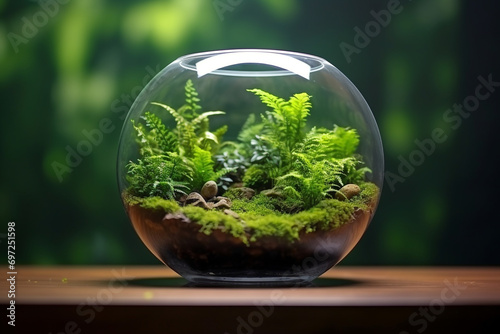 Small terrarium bowl with rainforest plant for house decoration photo