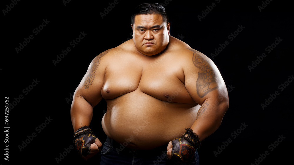 Fototapeta premium Japanese overweights fighter posing before battle. Postproducted generative AI illustration.