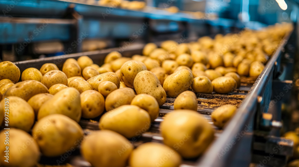 Industrial Harvest The Flow of Potatoes on a Production Conveyor Line in a Modern Factory. Commercial Photography Of Potatoes Production Industry