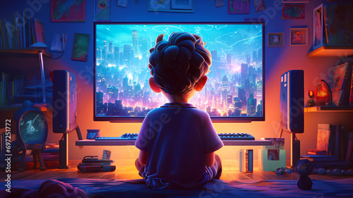 Kid playing computer video game in his room. Postproducted generative AI illustration. photo