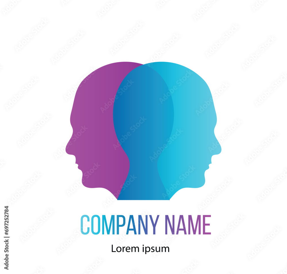 Two Overlapping Human Heads in Blue and Purple Psychology Idea. Brainstorming and business conversation concept vector art