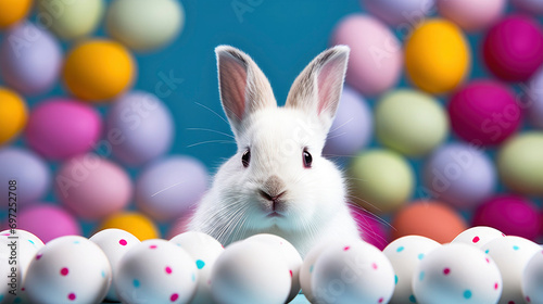Easter holiday celebration, white bunny rabbit sitting in front of white easter eggs, background wall with colored easter eggs, greeting card