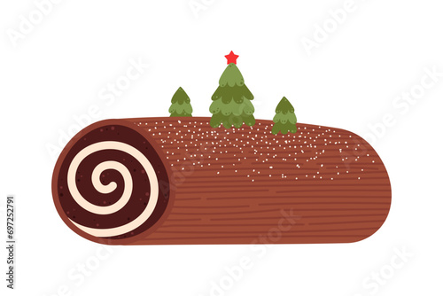 Yule log traditional Christmas cake with christmas tree decoration. Buche de noel dessert. Chocolate roll with cream