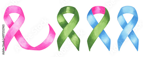 Big set of watercolor colorful ribbons. Green, blue and pink symbols of Rare Disease Day. Hand drawn watercolor illustrations isolated on transparent. photo