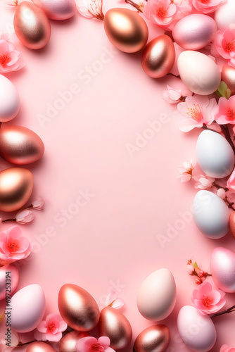 Empty frame with сolourful and rose gold eggs and spring flowers.