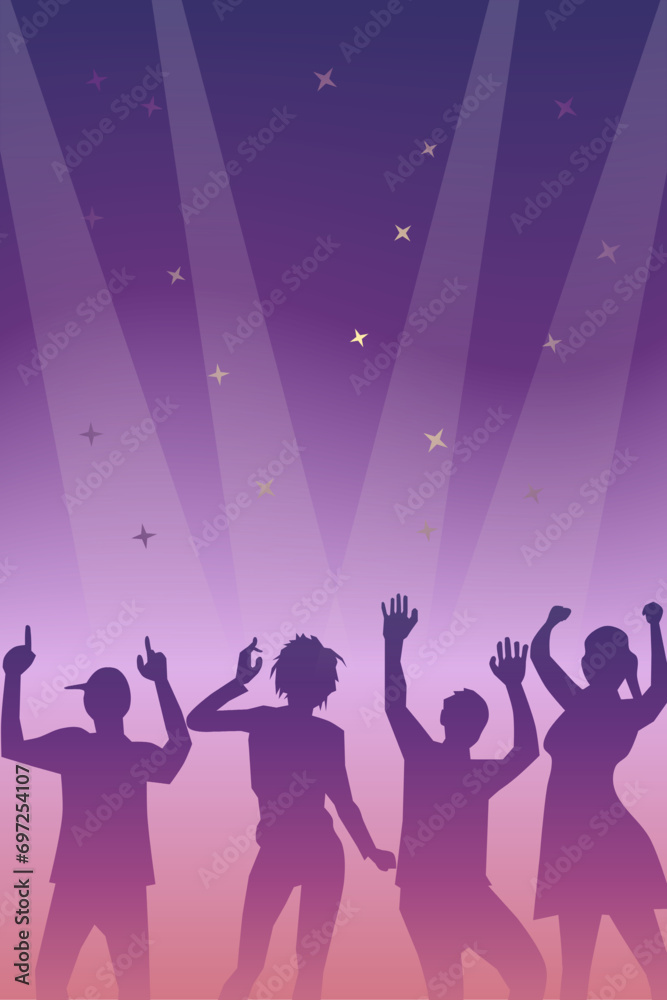 Celebration party with dancing man and woman with colorful gradient background. Poster design. Vector illustration.