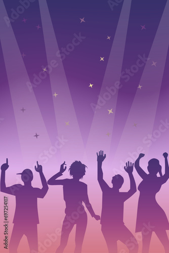 Celebration party with dancing man and woman with colorful gradient background. Poster design. Vector illustration.