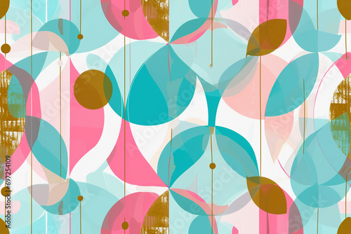 Half drop repeat 2D pattern of pink aqua and gold in the style of Lucienne Day stylized 50’s