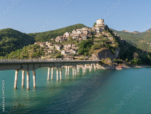 The village of Castel di Tora on Lake Turano in the province of Rieti in Lazio, Italy