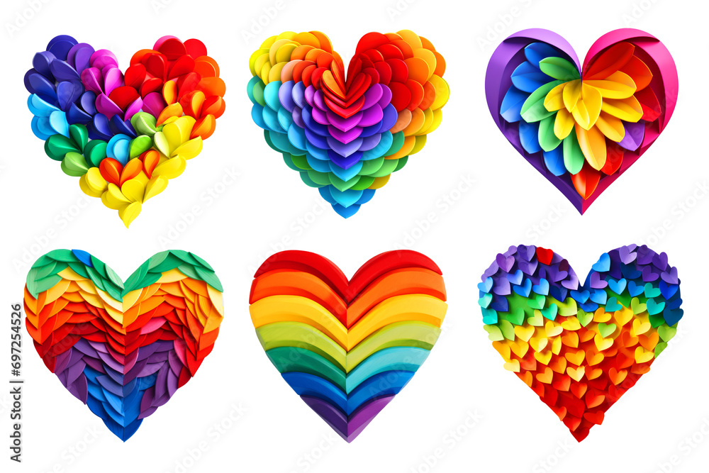 Set of rainbow hearts on transparent background