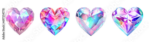 Set of holographic crystal hearts on transparent background photo