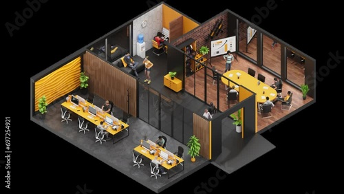 3D animation in isometric style. Coworking, office, business people working together in virtual space. Looping animation with alpha channel (ID: 697254921)