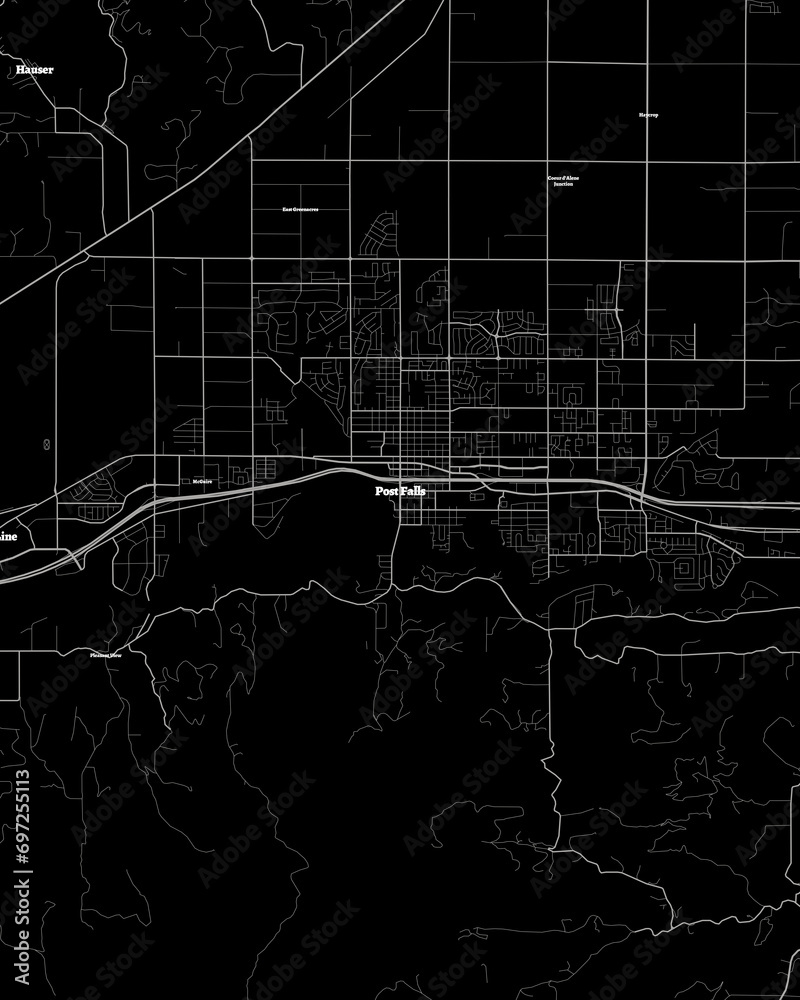 Dark Detailed Map of Post Falls Idaho