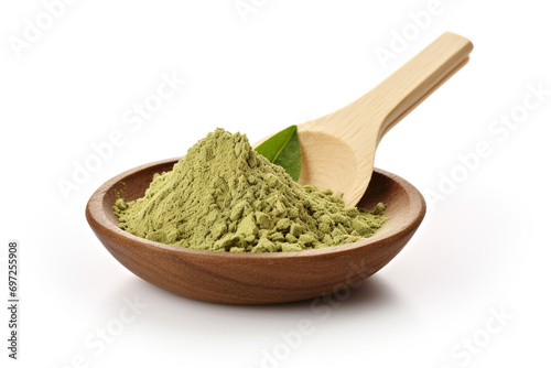 fresh tea leaf and green tea powder in wooden scoop isolated on white background
