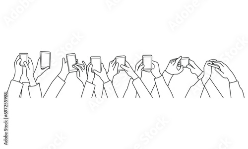 High Angle View Of Businesspeople Using Smartphone line art vector.
