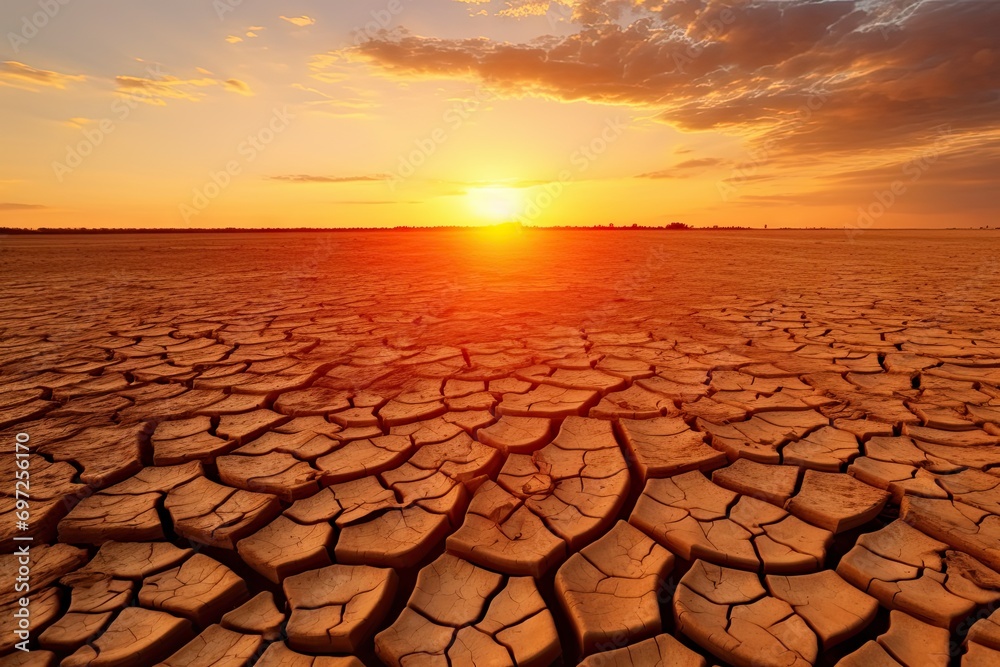 Harsh reality of dry and arid environment likely affected by drought and adverse climate conditions. Cracked and broken terrain reflects impact and lack of water creating barren and landscape