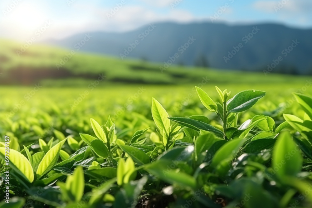 Green tea leaves in a tea plantation in morning Green tea leaves in a tea plantation in morning