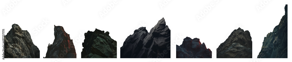 Isolated Mountain Cliff Set - Stone Ridge Cutout - Crisp Cliff Silhouette - Mountain Summit PNG - rocky jagged formation - stone cliff - mountain top - silhouette cutout of a rocky formation - obrazy, fototapety, plakaty 