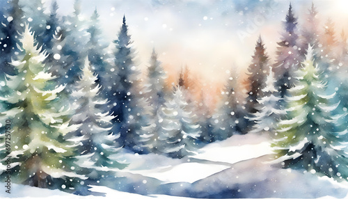 winter landscape with snow in watercolor theme.