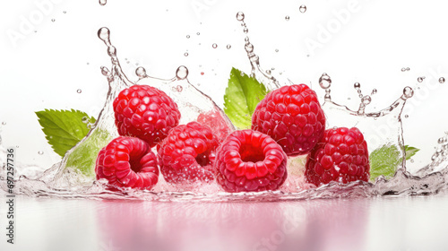 Fototapeta Naklejka Na Ścianę i Meble -  Closeup of fresh delicious fruits of red raspberries with green leaves in water splash isolated on white background