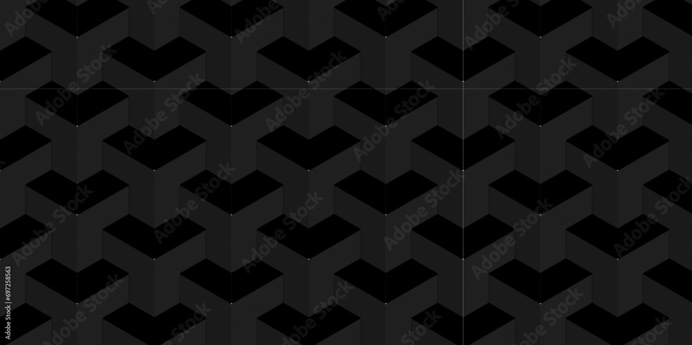 Black and gray seamless pattern Abstract cubes geometric tile and mosaic wall or grid backdrop hexagon technology. Black and gray geometric block cube structure backdrop grid triangle background. Black and gray seamless pattern Abstract cubes geometric tile and mosaic wall or grid backdrop hexagon technology. Black and gray geometric block cube structure backdrop grid triangle background.
