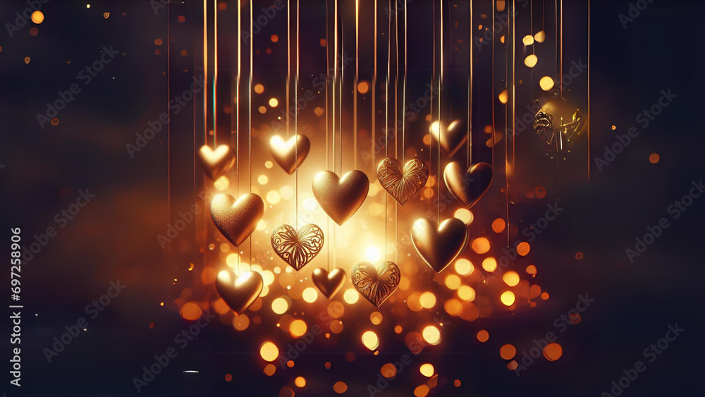 Obraz premium a group of gold hearts hanging from strings, a stock photo shutterstock contest winner, romanticism, stockphoto, bokeh, stock photo