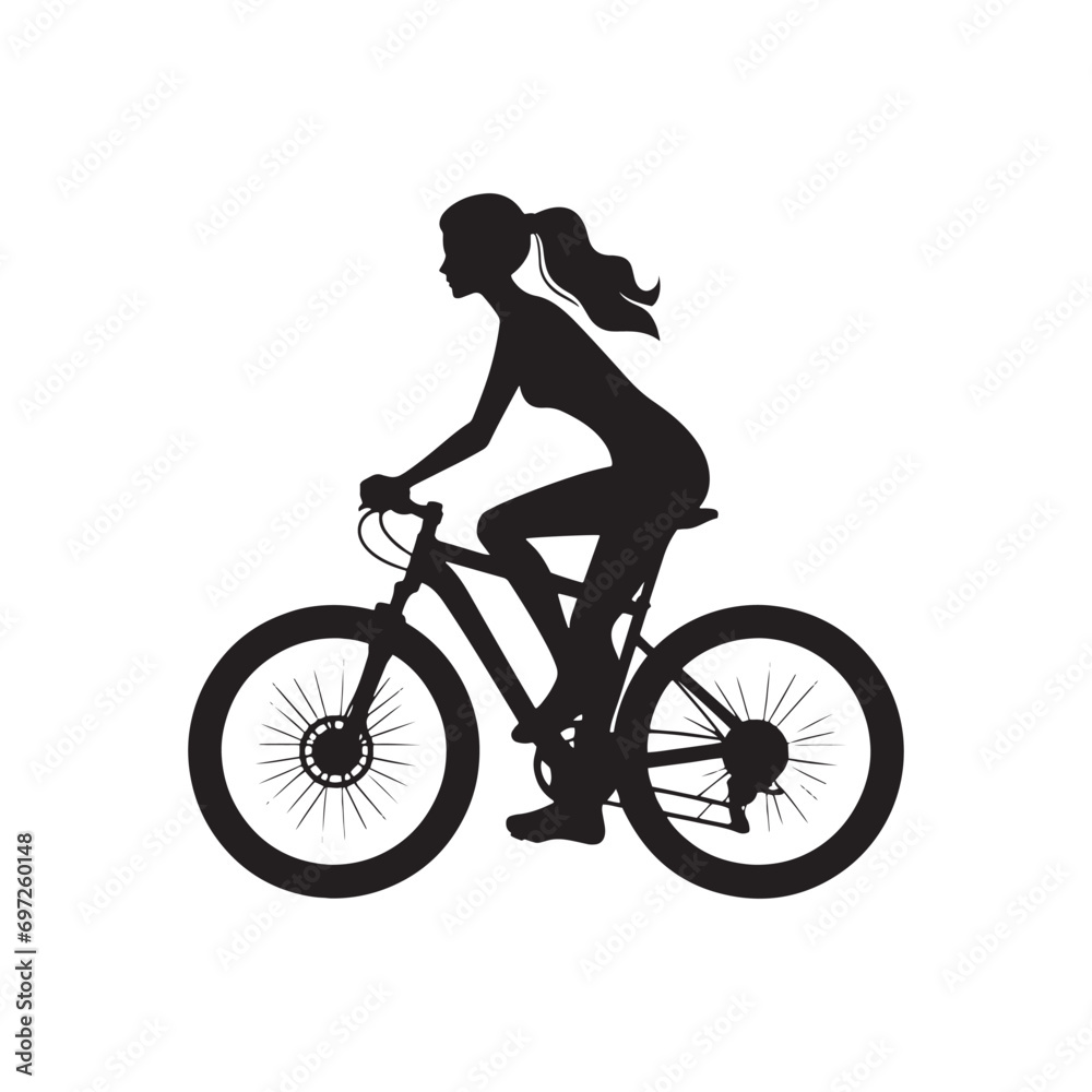 Fototapeta premium Morning Ride Bliss: Woman Cycling Silhouette on Serene Countryside Road, Healthy Lifestyle and Fitness Motivation - Black and White Girl on Bicycle Silhouette 