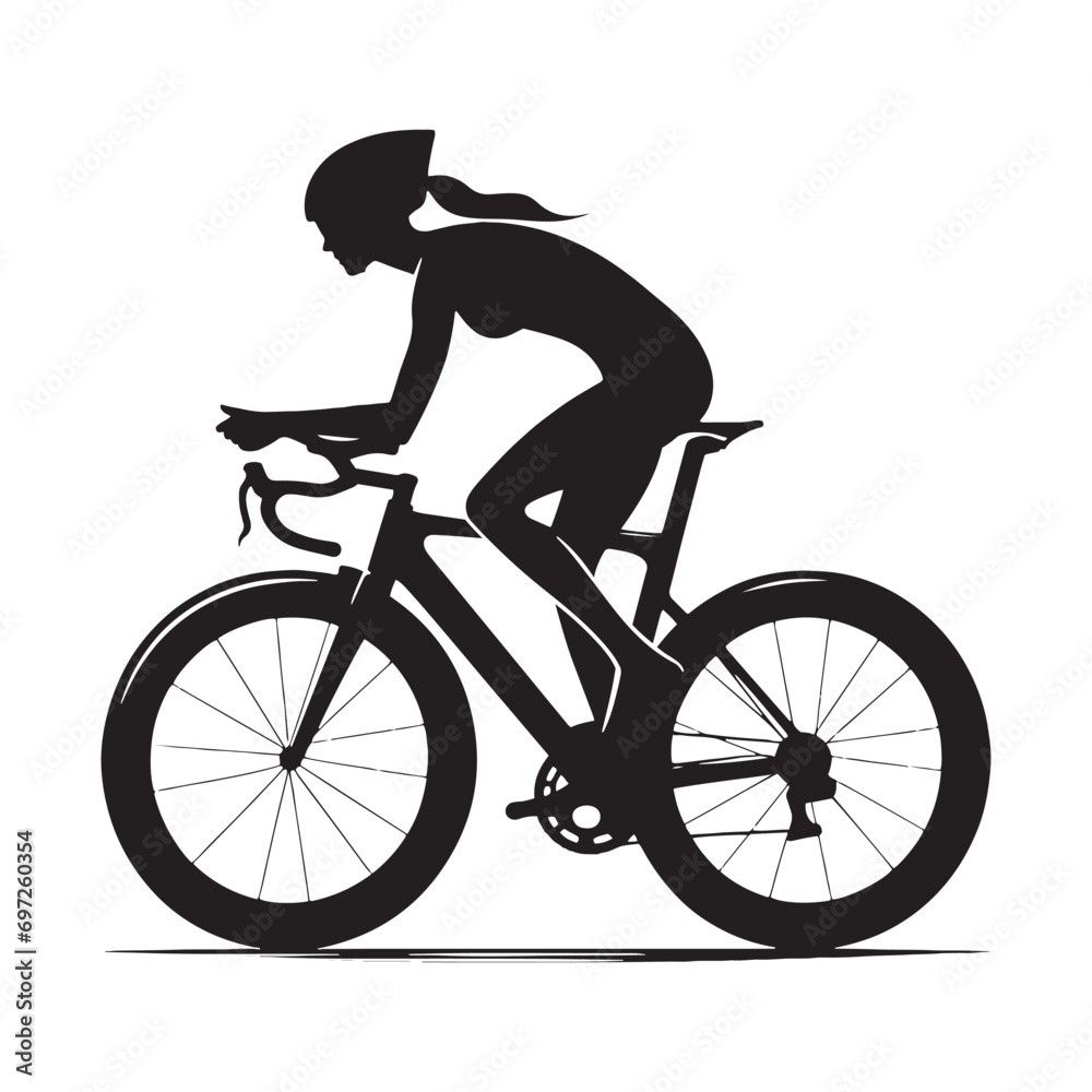 Obraz premium Woman Cycling Silhouette: Twilight Tour Amidst Urban Skyline, City Exploration and Fitness Pursuits - Sleek Black and White Girl Riding Bicycle Silhouette